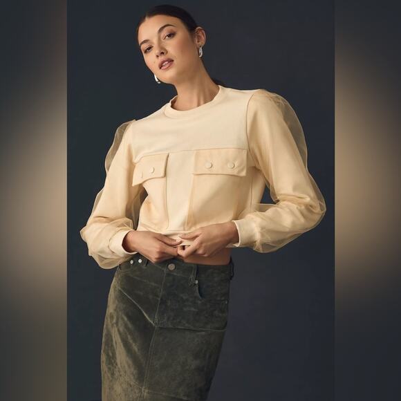 NWT* By Anthropologie Utility Pocket Pullover Sweatshirt Cream Plus 1X Coquette - Picture 2 of 15